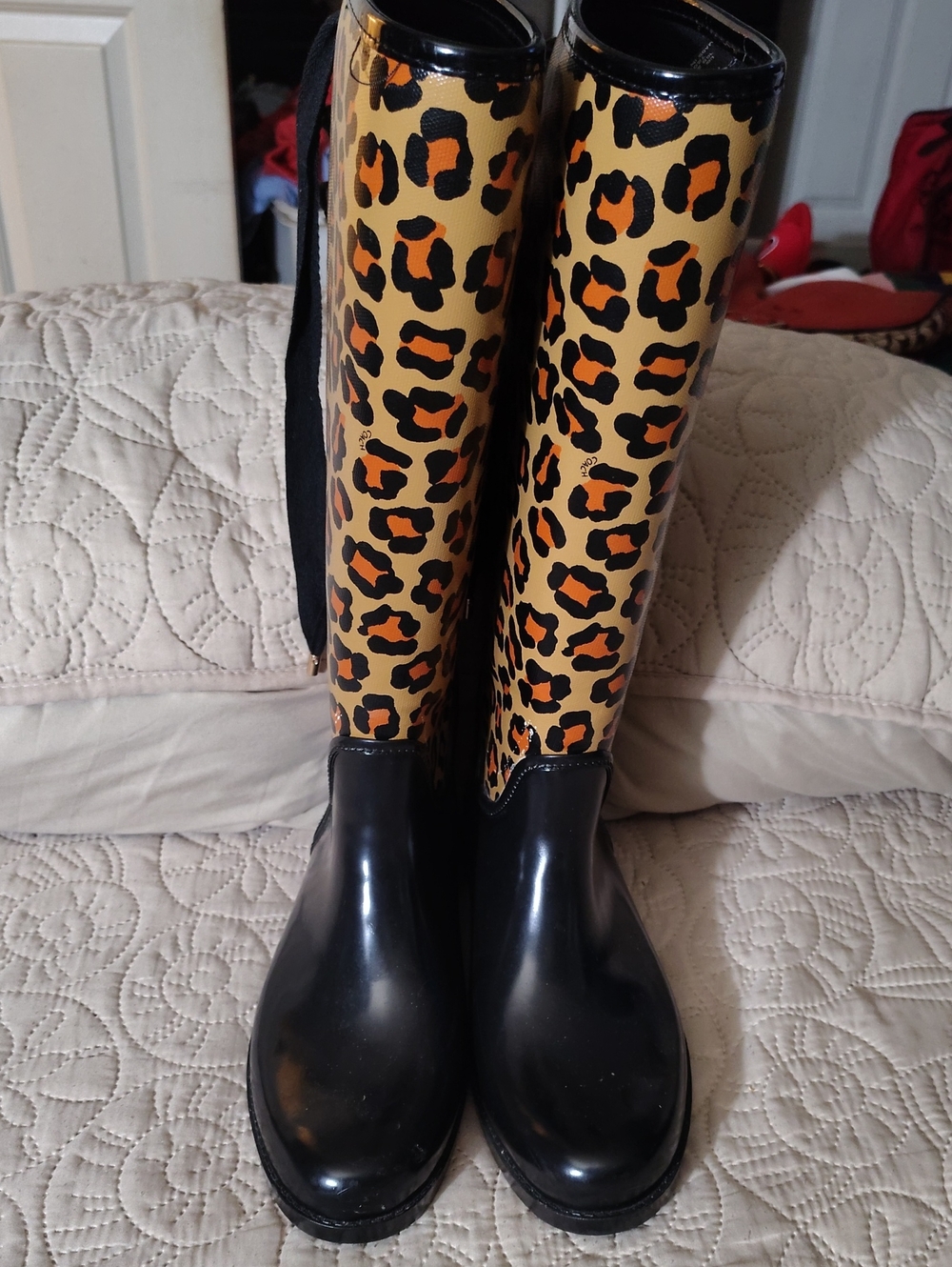 Coach Leopard Print Tall Rain Boots in Black and Tan